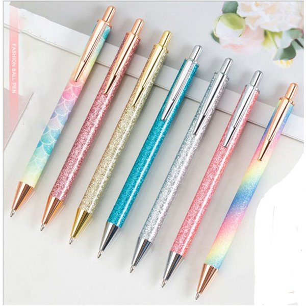 1PC New Glitter Sequin Style Metal Press Ballpoint Pen Luxury Gold Silver Wedding Signature Pen Stationery School Office Supply